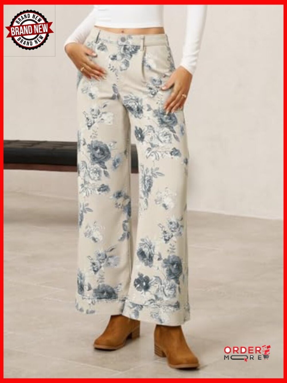 Baggy Wide Leg Floral Jeans High Waisted Boho Denim Pants with Pockets - Picture 2 of 7